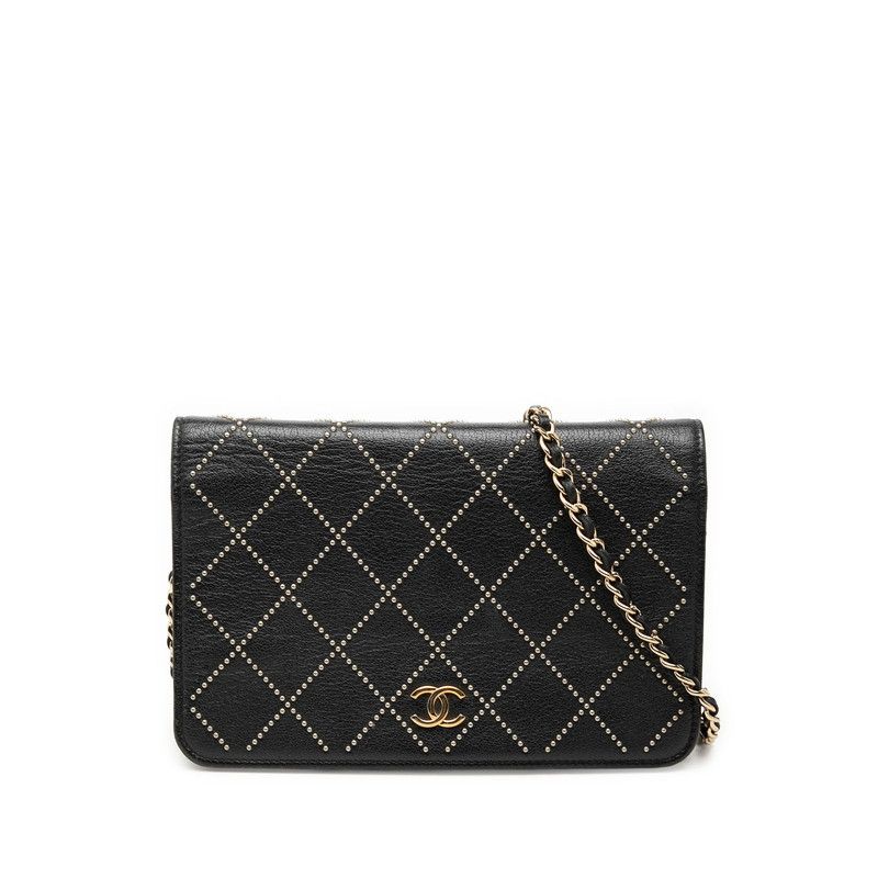 Chanel CC Logo Studs Chain Wallet Shoulder Bag Black Calfskin