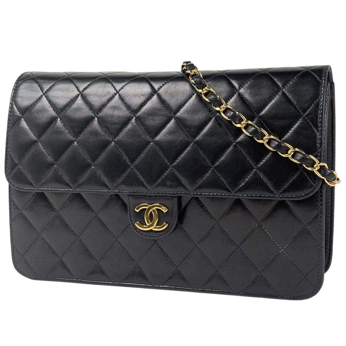Chanel Quilted Single Flap Chain Shoulder Bag CC Logo Push Lock Leather Black