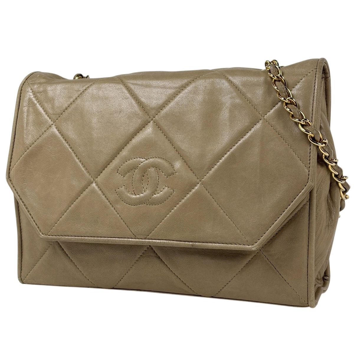 Chanel CC Logo Chain Shoulder Bag Quilted Leather Beige