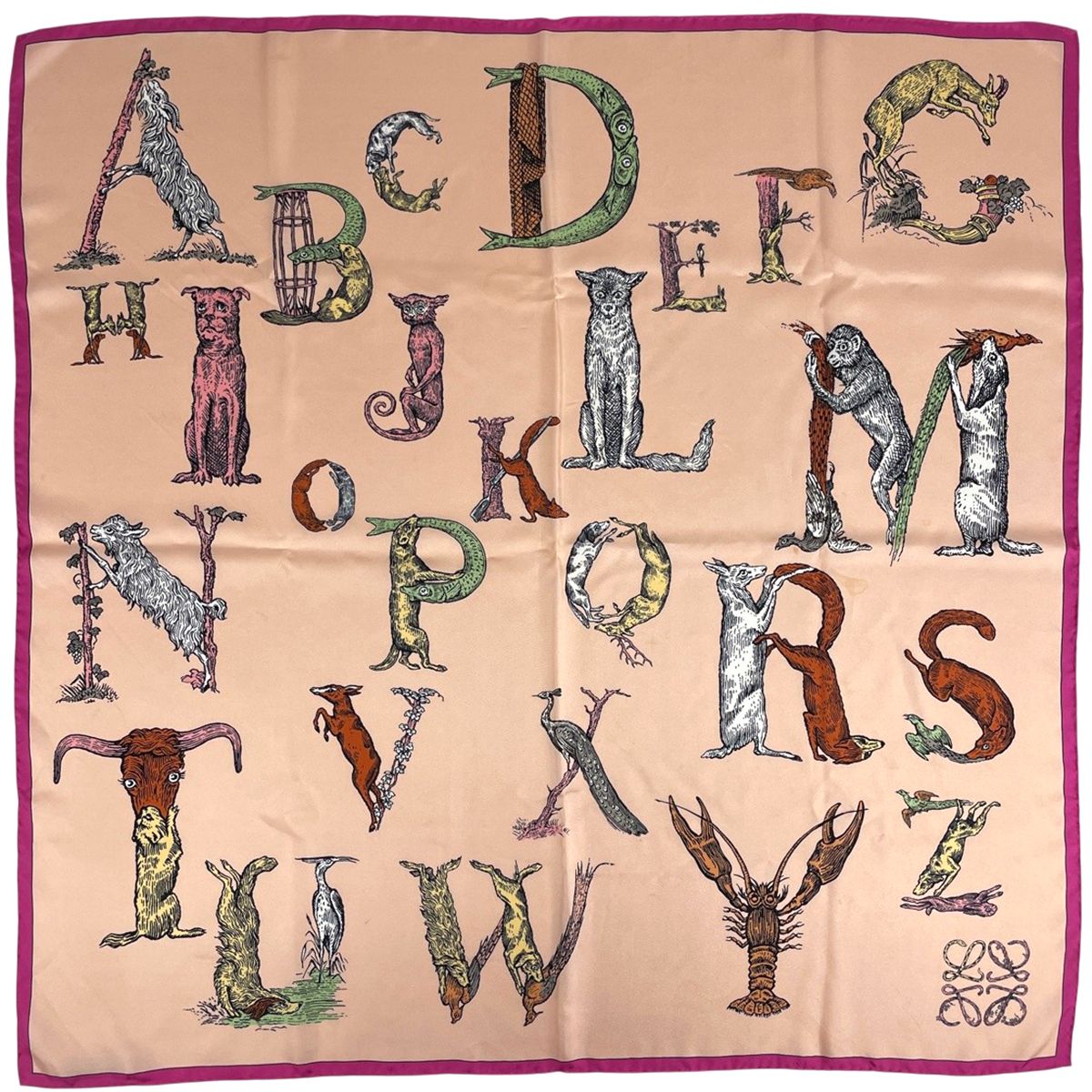 Loewe Animal Scarf Alphabet Silk Salmon Pink Multicolor