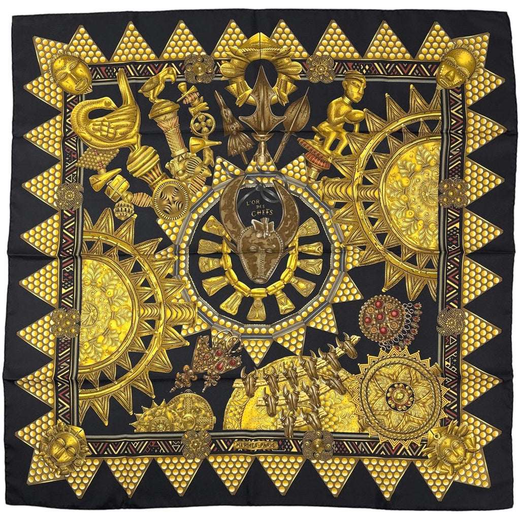 Hermes Carre 90 L'or Des Chefs Gold of the Chiefs Scarf Silk Black Yellow