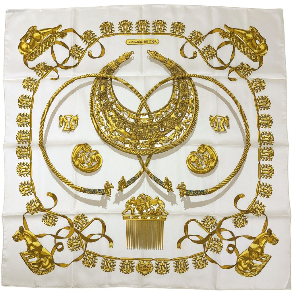 Hermes Carre 90 les Cavaliers D'or Yellow Gold Knight Scarf Silk White