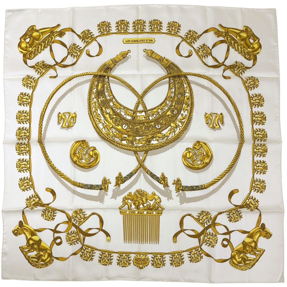 Hermes Carre 90 les Cavaliers D'or Yellow Gold Knight Scarf Silk White