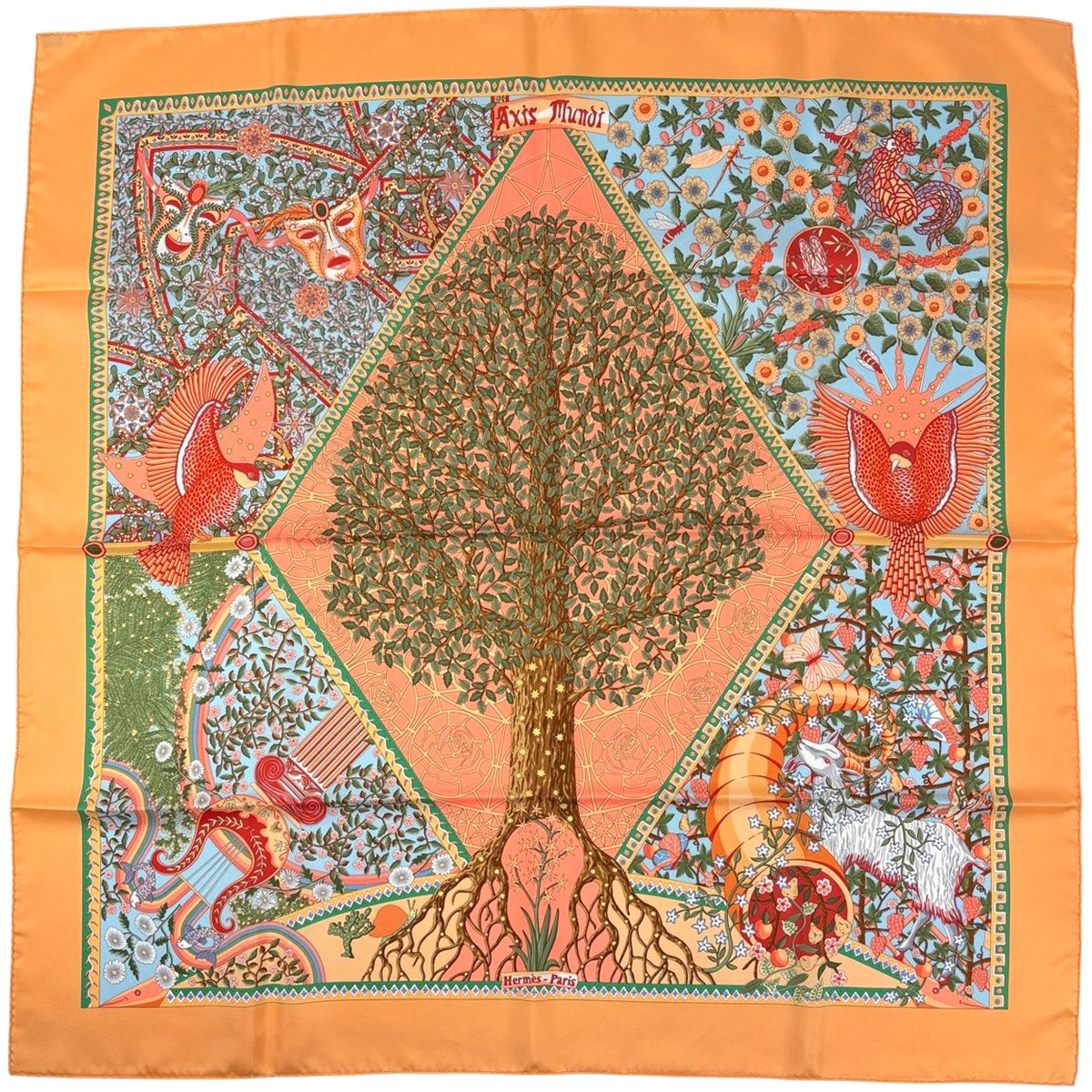 Hermes Carre 90 Axis Mundi Scarf Silk Orange Multicolor