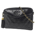 Chanel CC Logo Chain Shoulder Bag Quilted Fringe Leather Black