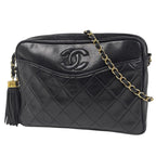 Chanel CC Logo Chain Shoulder Bag Quilted Fringe Leather Black