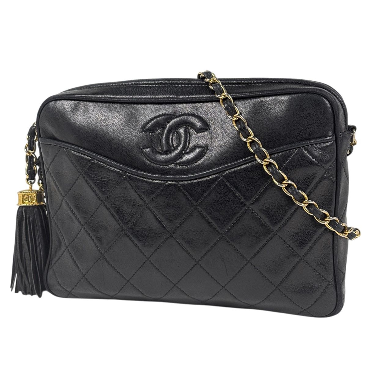 Chanel CC Logo Chain Shoulder Bag Quilted Fringe Leather Black