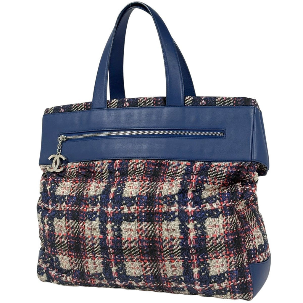 Chanel CC Logo Tote Tweed Print Nylon Navy Red Multicolor
