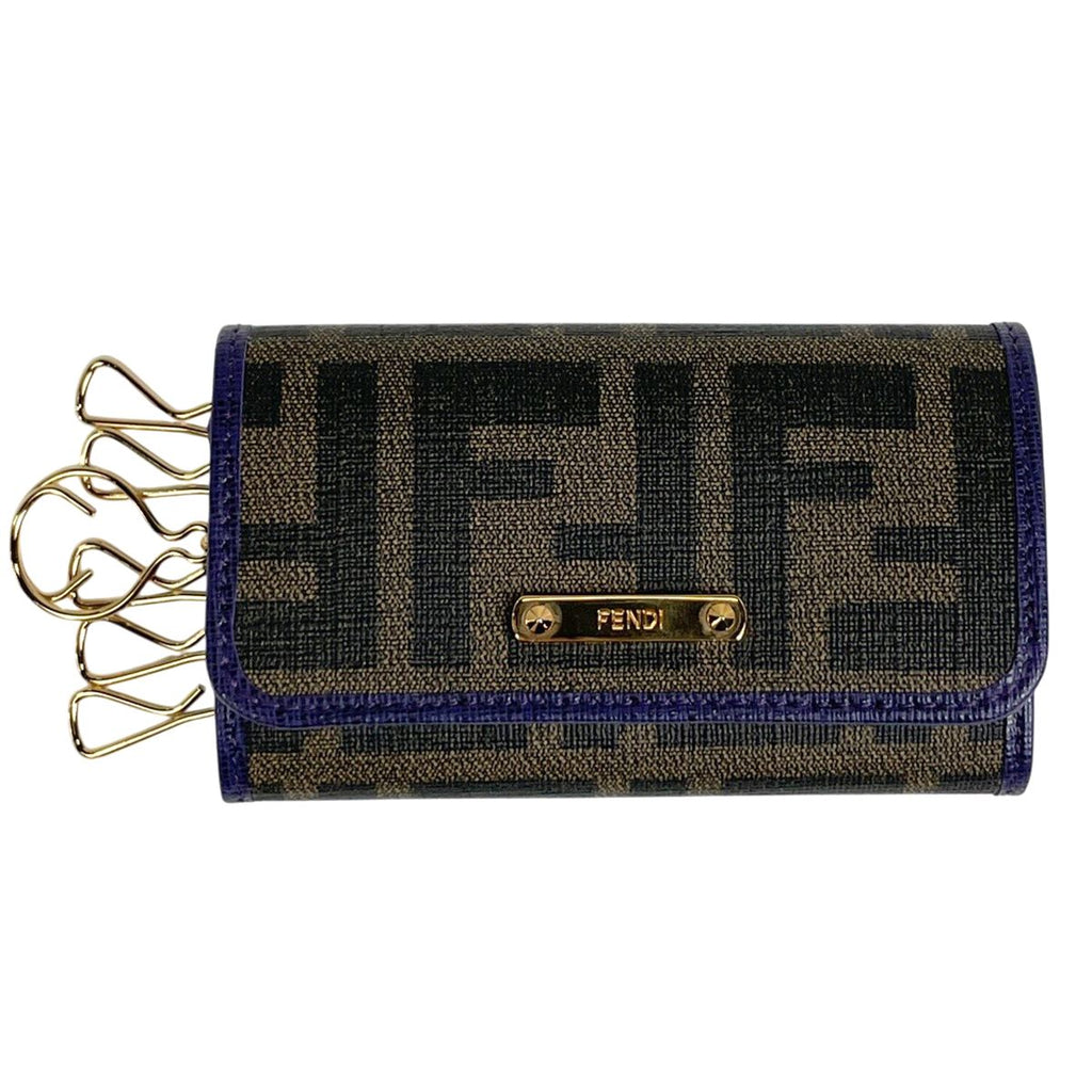 Fendi Zucca Pattern 6 Rows Key Case Key Hook Leather Brown Purple Key Holder
