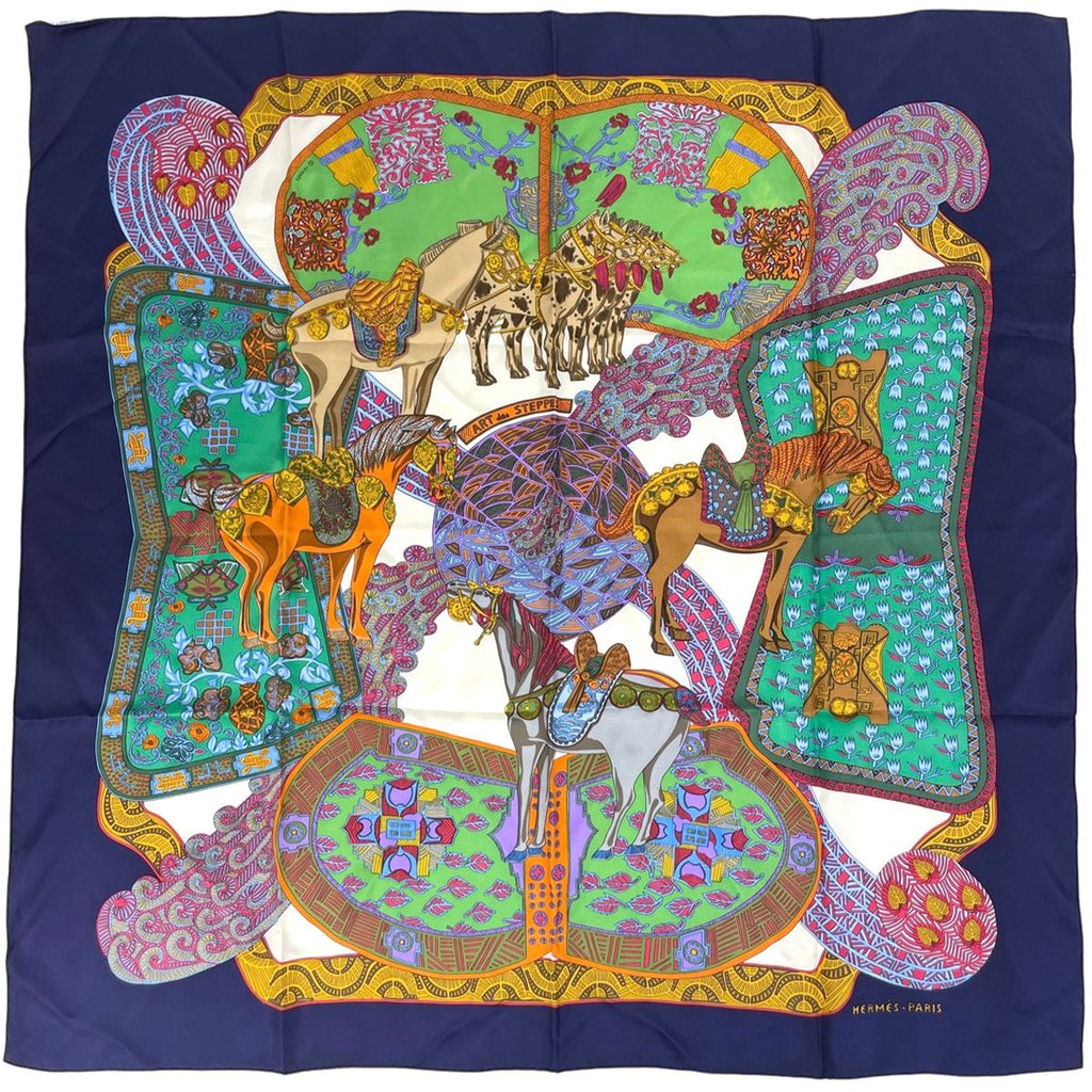 Hermes Carre 90 Art Des Steppes Scarf Silk Navy Multicolor