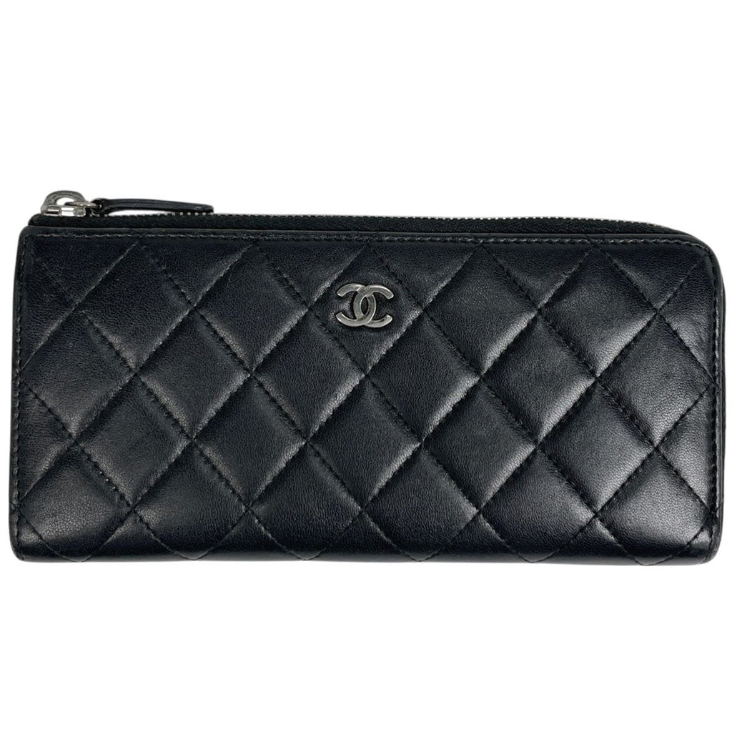 Chanel CC Logo L-shaped Zipper Wallet Quilted Leather Black