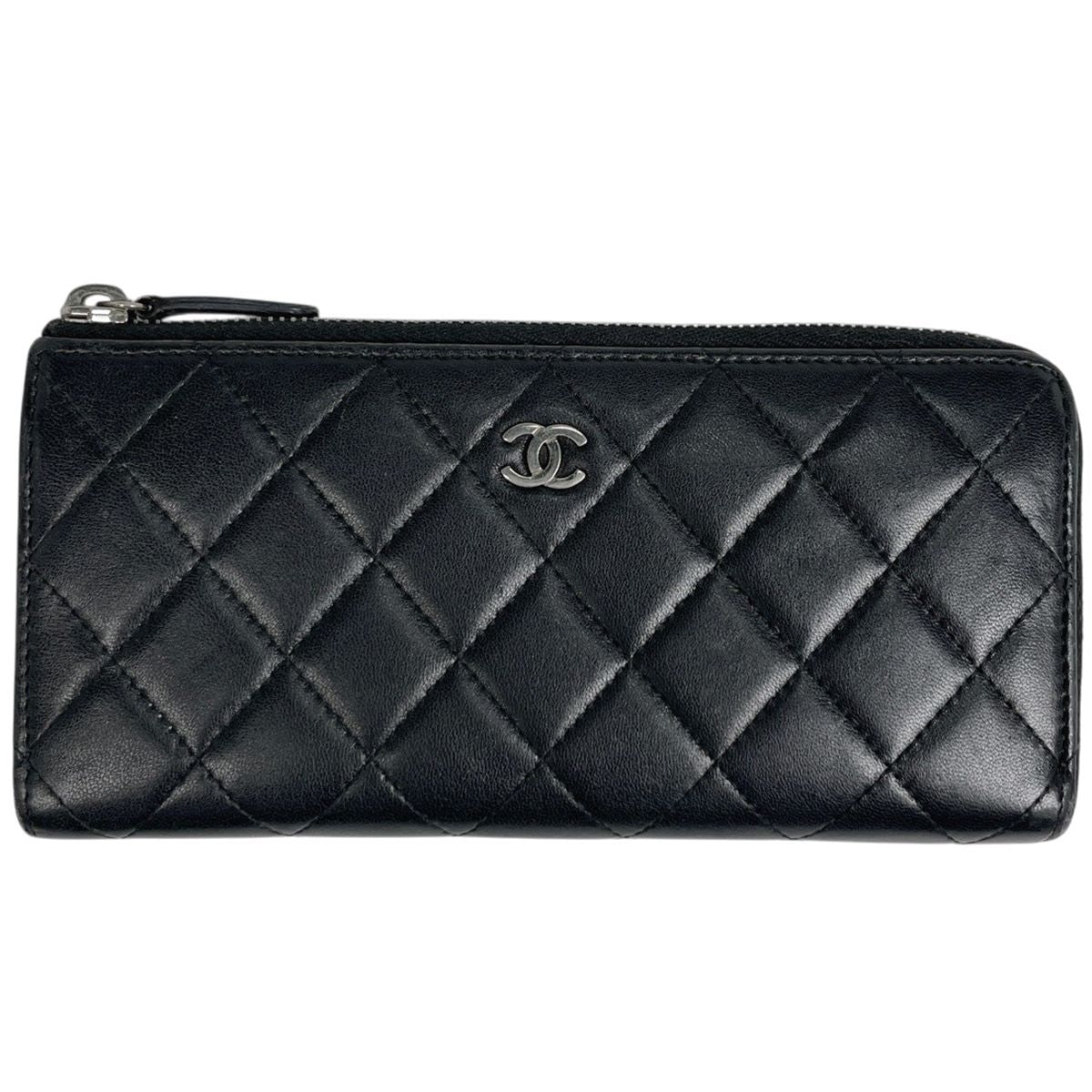 Chanel CC Logo L-shaped Zipper Wallet Quilted Leather Black