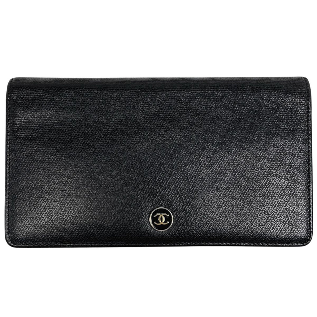 Chanel Coco Button Bifold Wallet CC Logo Leather Black