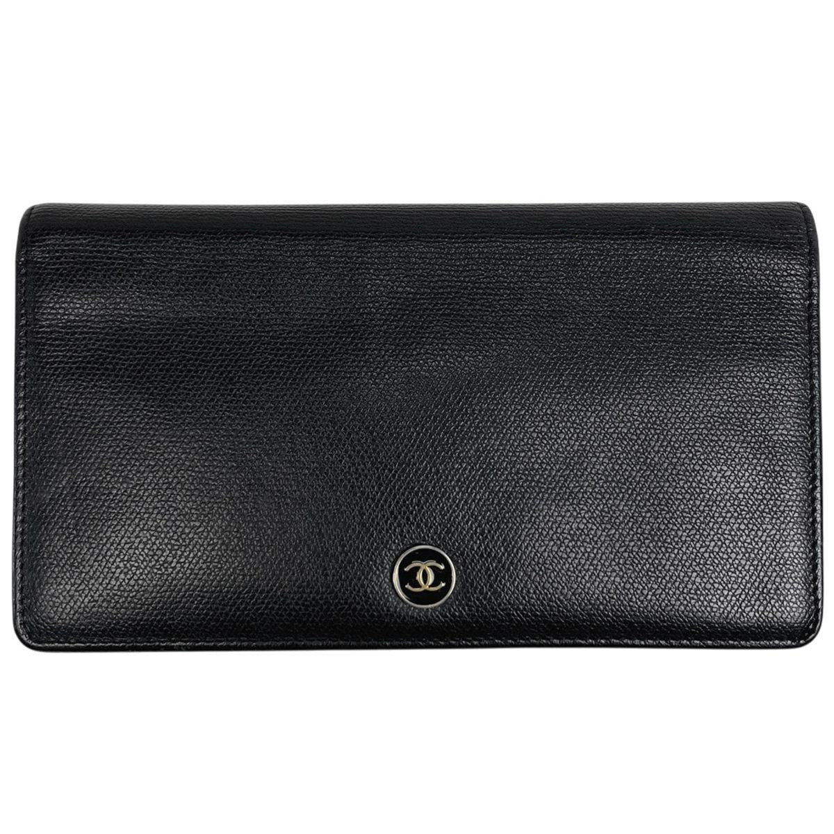 Chanel Coco Button Bifold Wallet CC Logo Leather Black