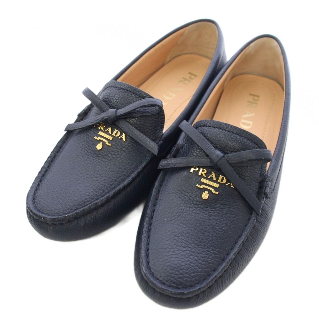 Prada Driving Shoes Flat Leather 36.5 Navy TK 52