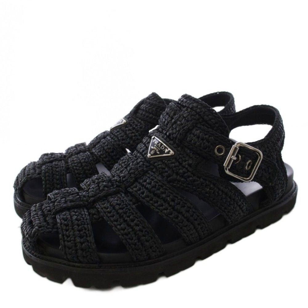 Prada Triangle Logo Raffia Monolith Crochet Cage Sandals 7.5 Black