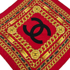 Chanel Scarf Red Dark Yellow Black CC Logo Chain