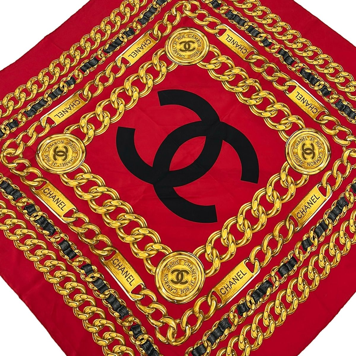 Chanel Scarf Red Dark Yellow Black CC Logo Chain