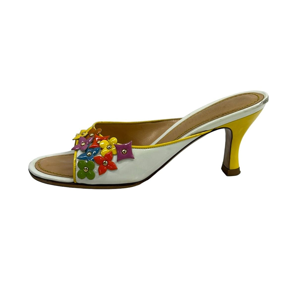 Louis Vuitton Mules 35 White Yellow Multi Flower Leather