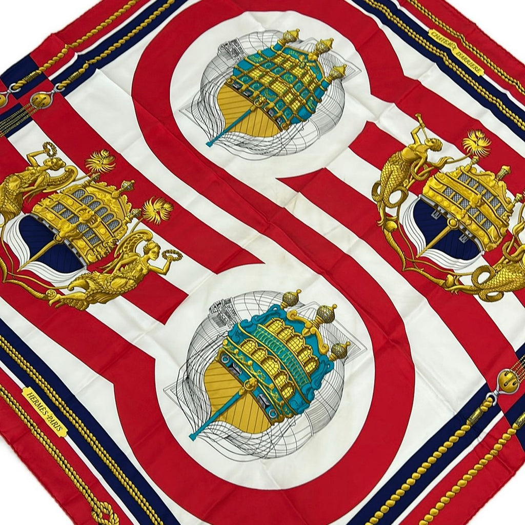Hermes Scarf Carre 90 Red White Multi Chateaux D'arriere