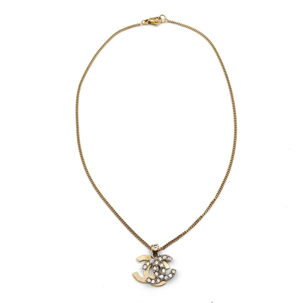 Chanel CC Logo Rhinestone Color Stone Clear Gold Necklace — view 3