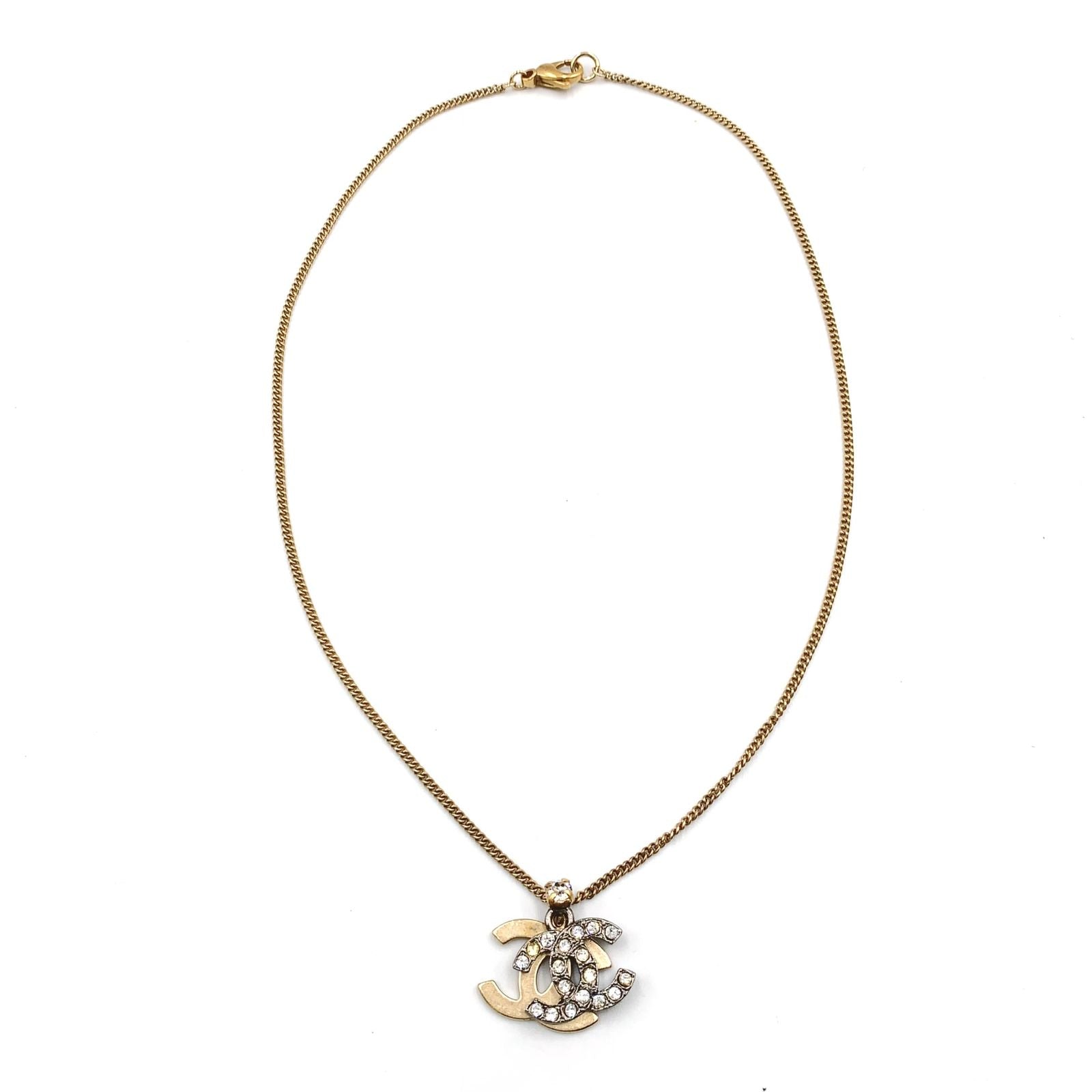Chanel CC Logo Rhinestone Color Stone Clear Gold Necklace — view 3