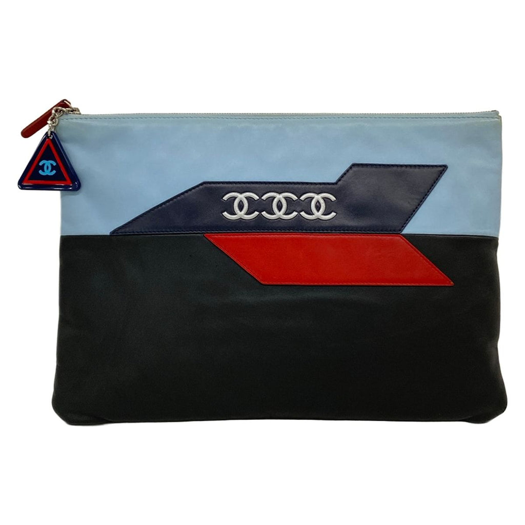 Chanel Clutch Air Line Light Blue Black Red Silver CC Logo Leather