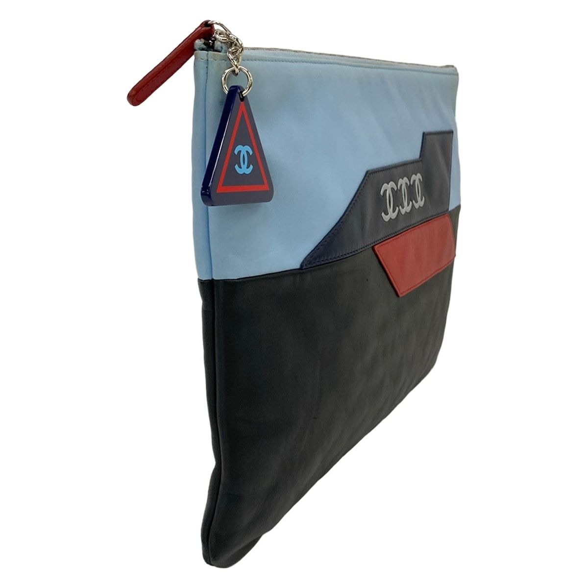 Chanel Clutch Air Line Light Blue Black Red Silver CC Logo Leather — view 2