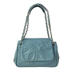 Chanel Shoulder Bag Blue Gray Chain Silver Leather