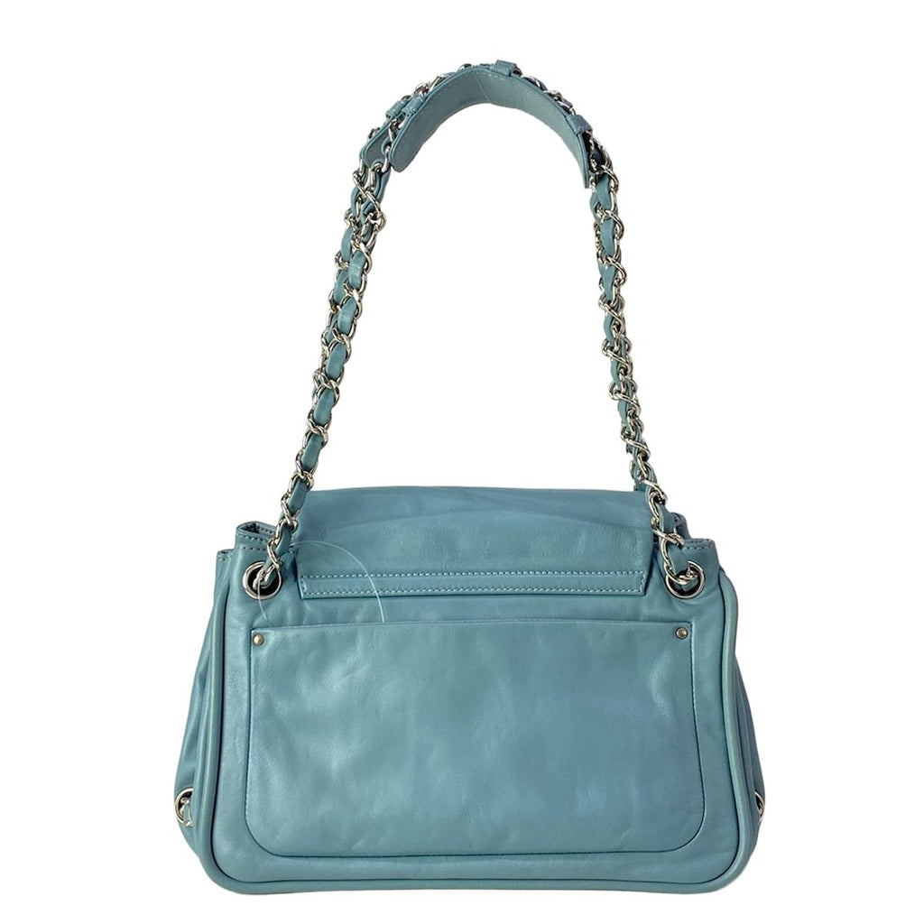 Chanel Shoulder Bag Blue Gray Chain Silver Leather — view 3