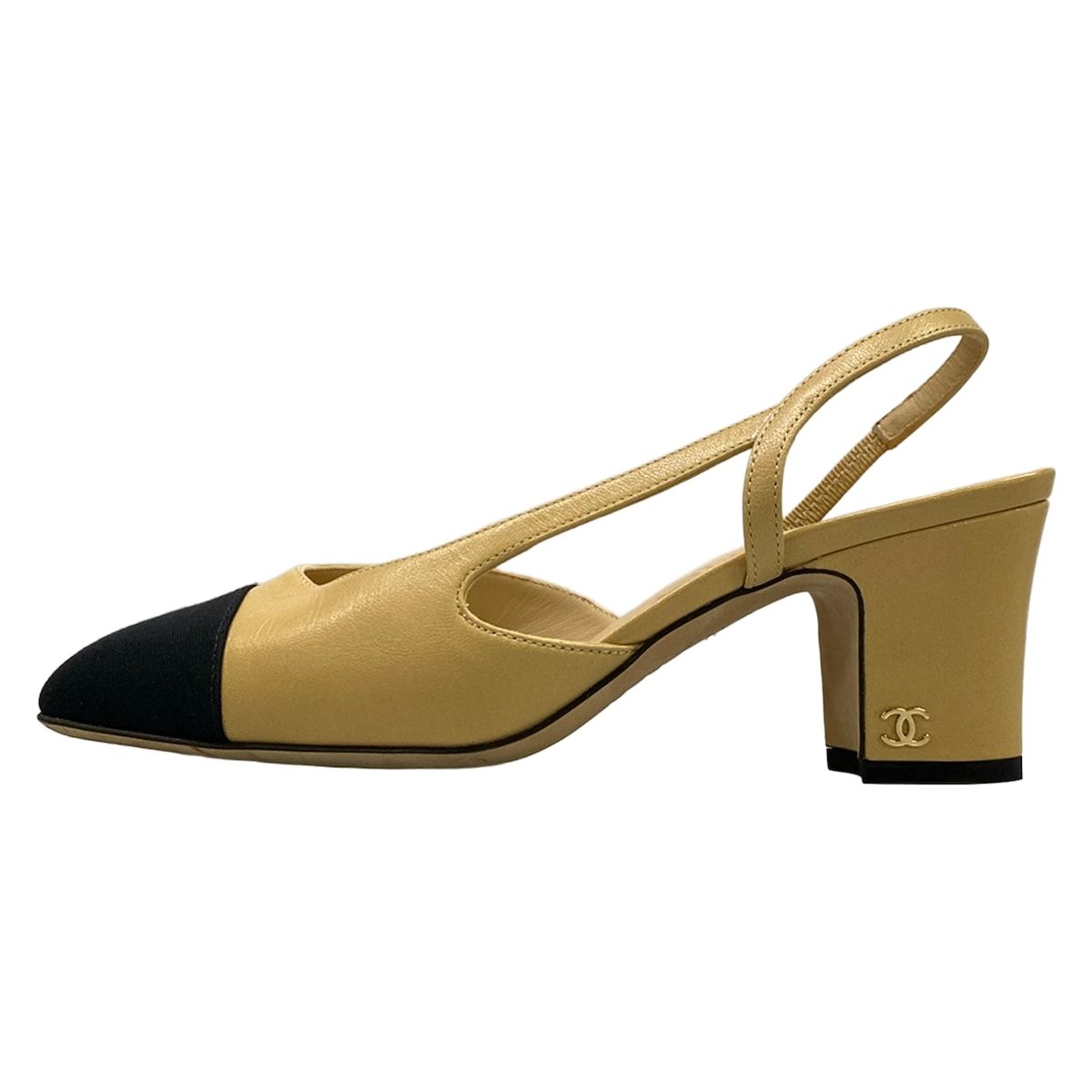 Chanel Sandals 35 C Beige Black Leather