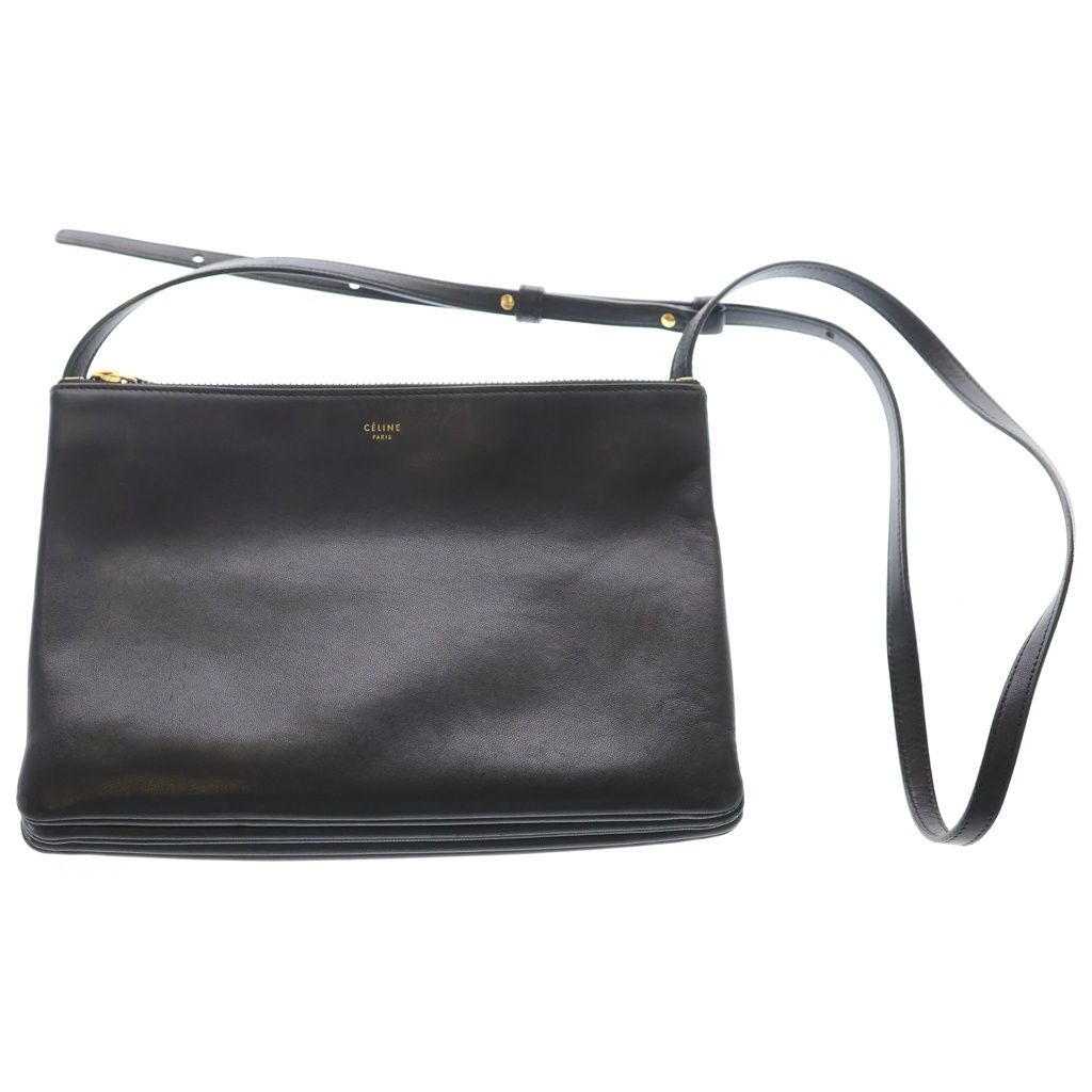 Celine Trio Shoulder Bag Black Leather Gold