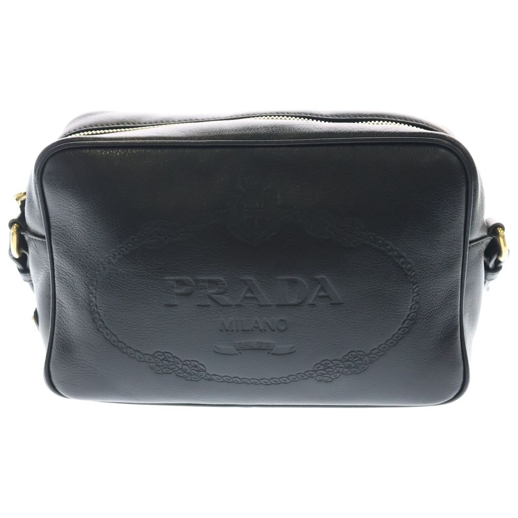 Prada Embossed Logo Shoulder Bag Black Leather Gold
