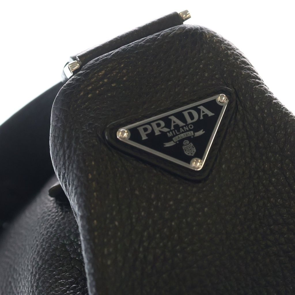 Prada Triangle Vitello Daino Leather Shoulder Bag Embossed Logo Black Silver — view 6