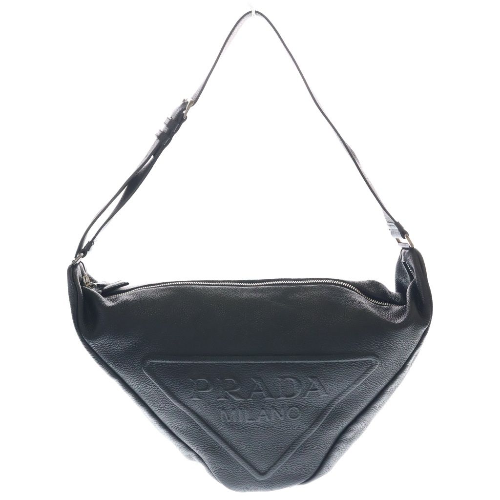 Prada Triangle Vitello Daino Leather Shoulder Bag Embossed Logo Black Silver