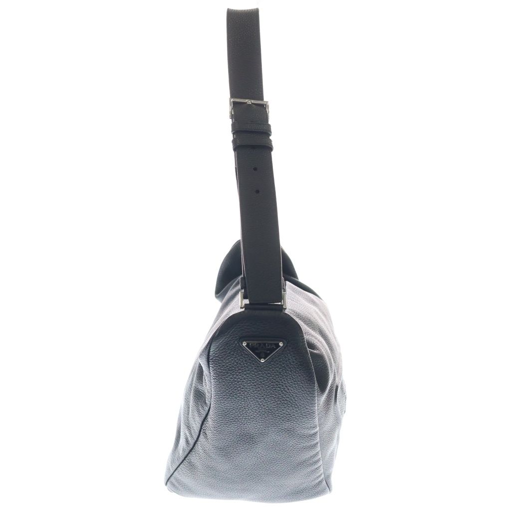 Prada Triangle Vitello Daino Leather Shoulder Bag Embossed Logo Black Silver — view 3