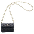 Chanel Quilted CC Logo Lambskin Gold Faux Pearl Chain Wallet Shoulder Bag Black