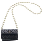 Chanel Quilted CC Logo Lambskin Gold Faux Pearl Chain Wallet Shoulder Bag Black