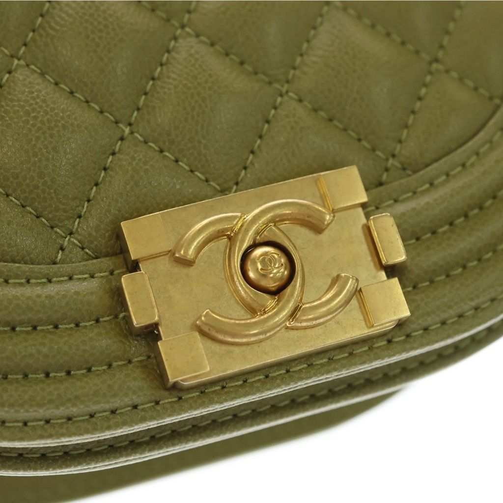 Chanel Boy Quilted Caviar Leather Gold Chain Shoulder Bag Plate Khaki — view 6