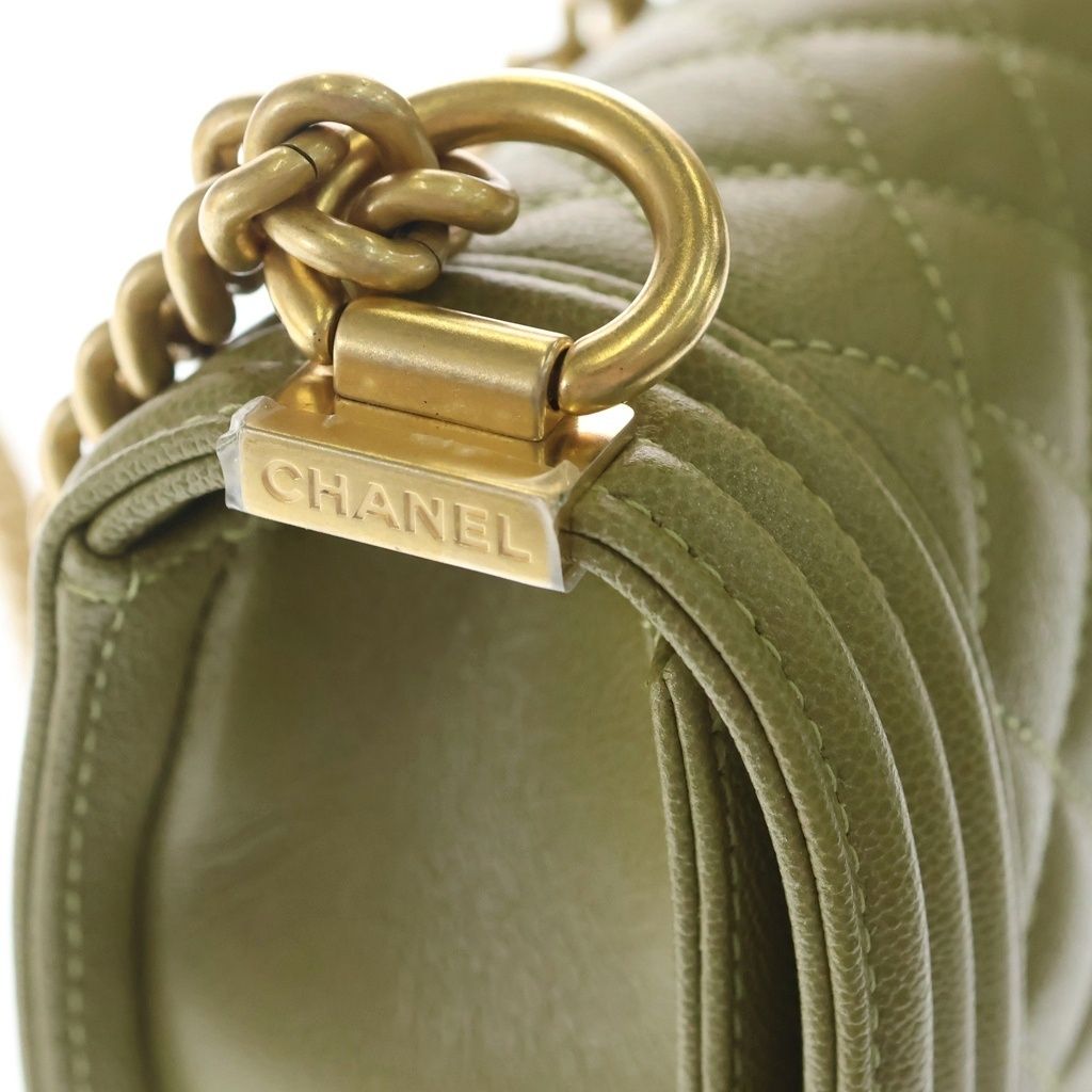Chanel Boy Quilted Caviar Leather Gold Chain Shoulder Bag Plate Khaki — view 7