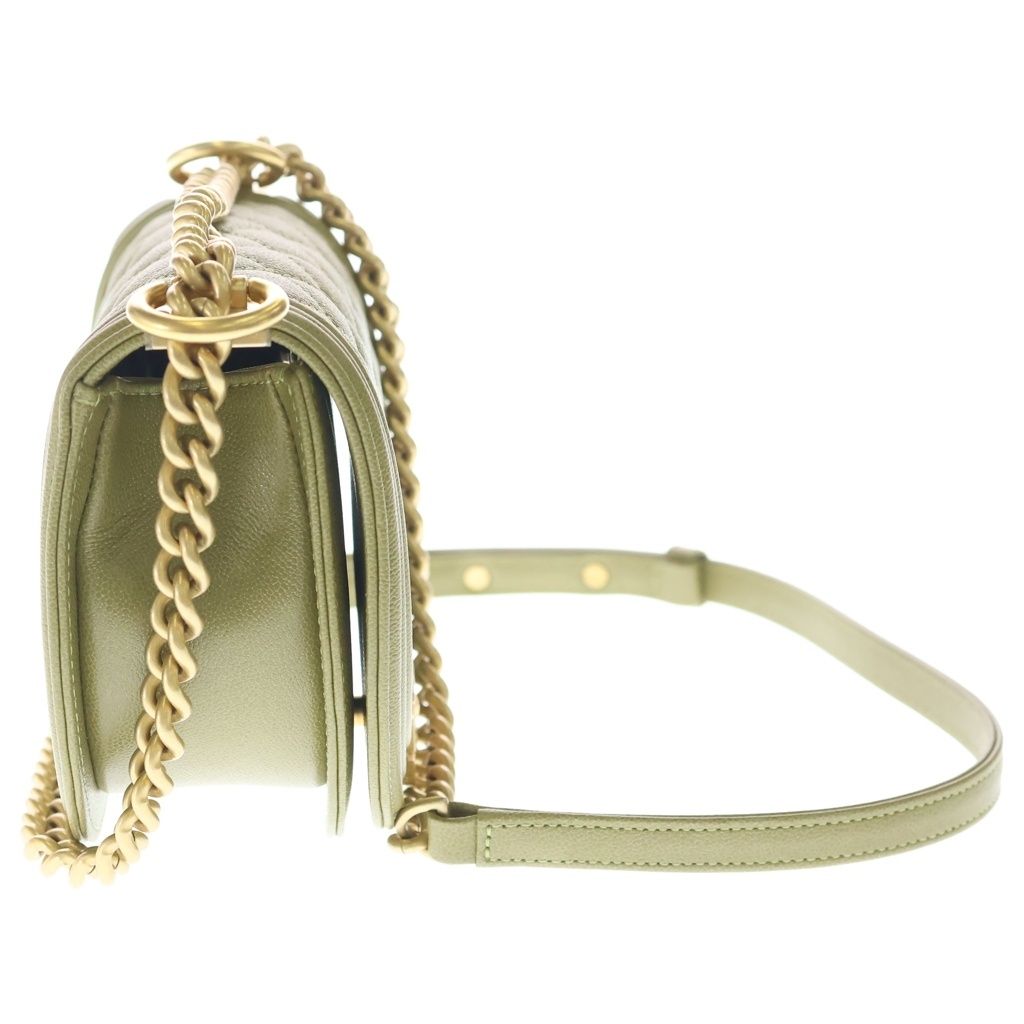 Chanel Boy Quilted Caviar Leather Gold Chain Shoulder Bag Plate Khaki — view 3