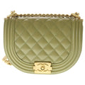 Chanel Boy Quilted Caviar Leather Gold Chain Shoulder Bag Plate Khaki
