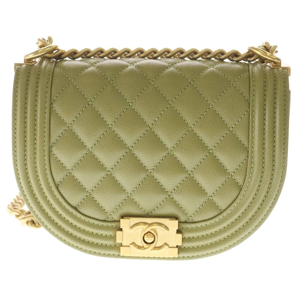 Chanel Boy Quilted Caviar Leather Gold Chain Shoulder Bag Plate Khaki