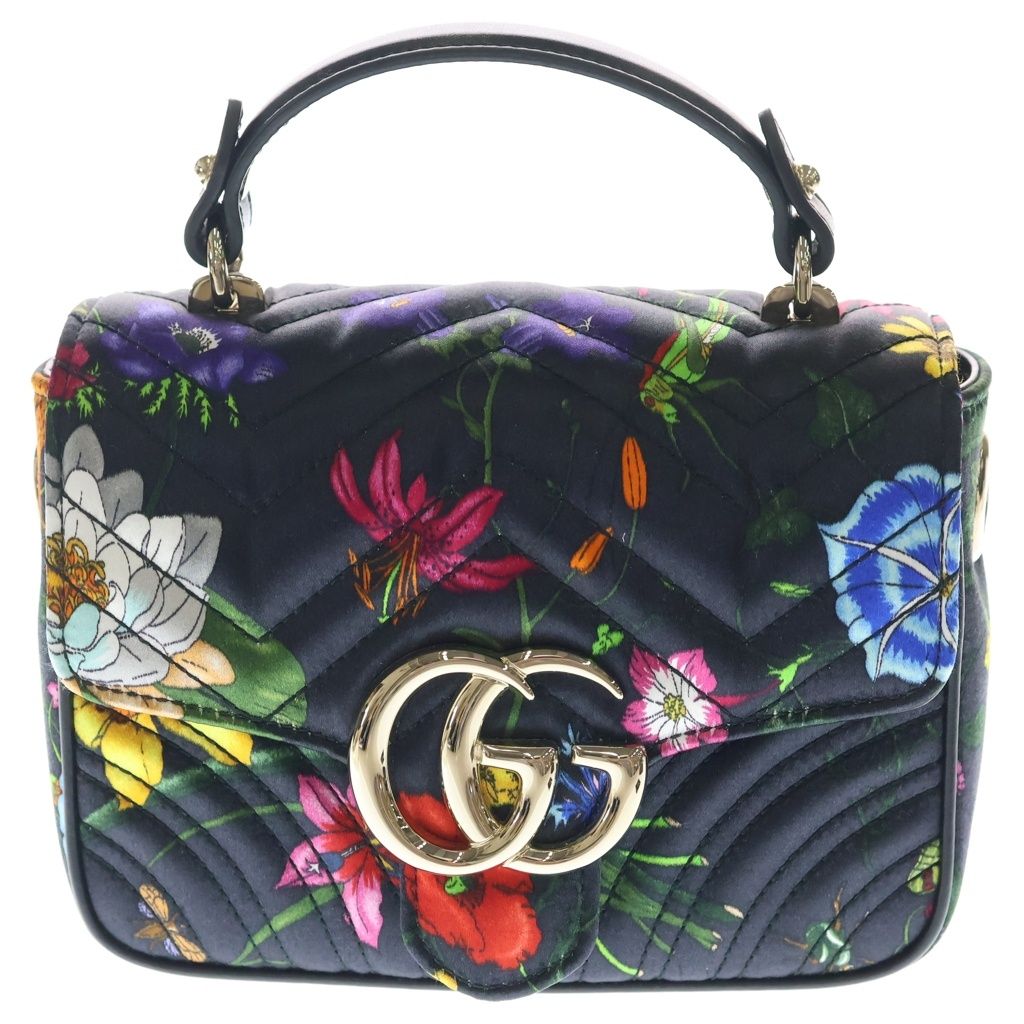 Gucci GG Marmont Mini Top Handle Floral Pattern Satin 2-Way Shoulder Bag Black
