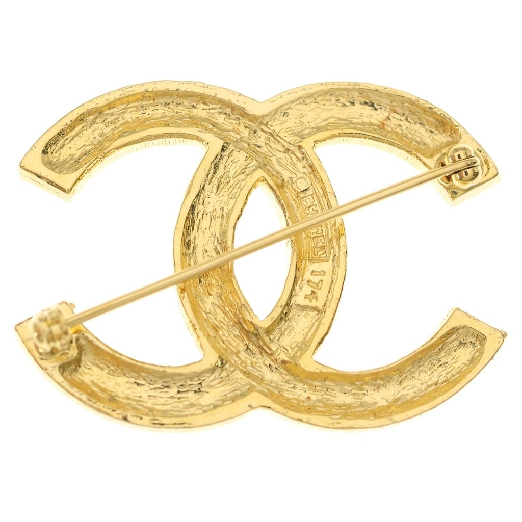 Chanel CC Logo Rhinestone Brooch Pin Badge Gold — view 2