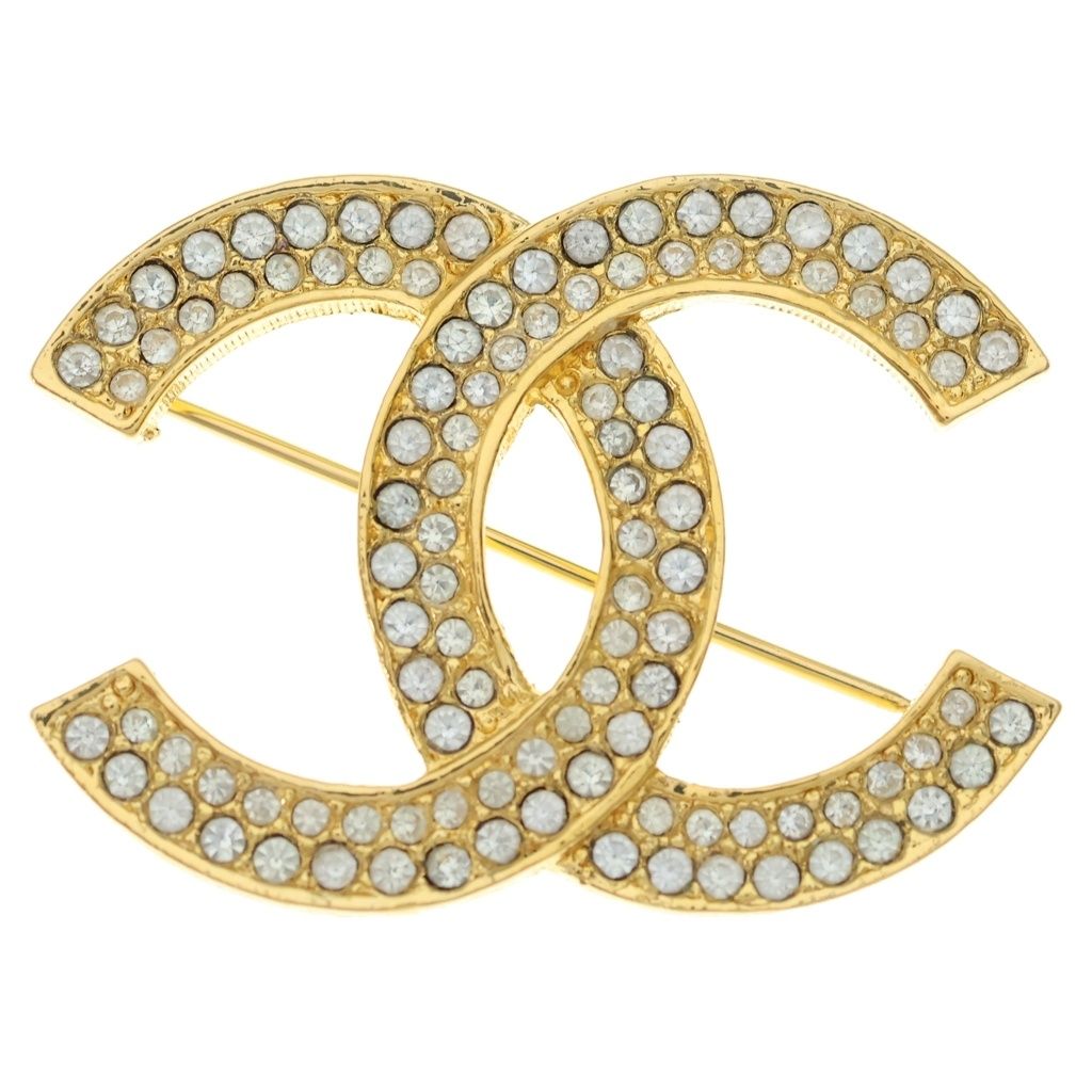 Chanel CC Logo Rhinestone Brooch Pin Badge Gold