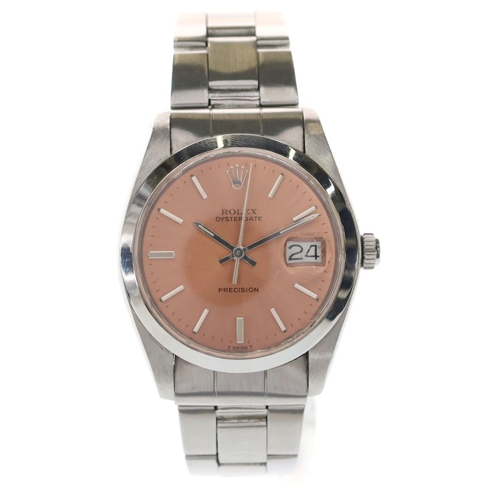 Rolex Oyster Date Precision SS Hand Wound Stainless Steel Watch Salmon Pink Dial