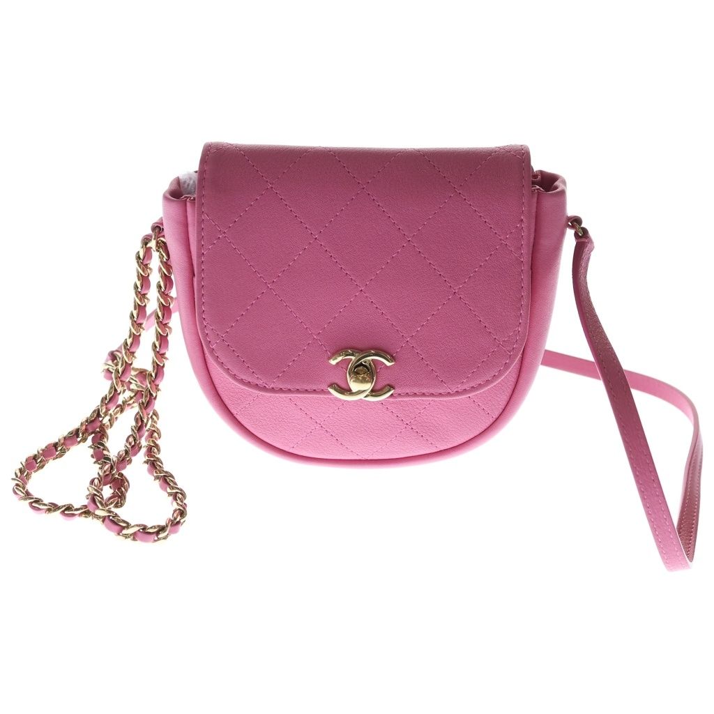 Chanel CC Logo Mini Chain Shoulder Bag Goatskin Leather Pink