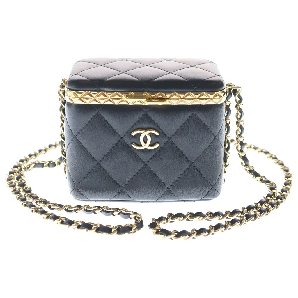 Chanel Quilted Mini Vanity Chain Shoulder Bag Lambskin Leather Gold Black