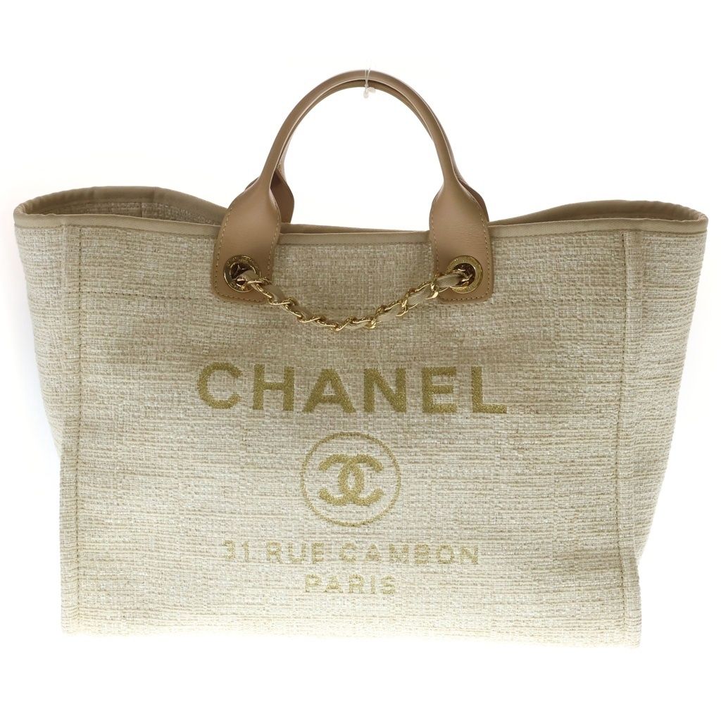 Chanel Deauville MM Canvas Tweed 2-Way Hand Chain Shoulder Tote Gold Beige